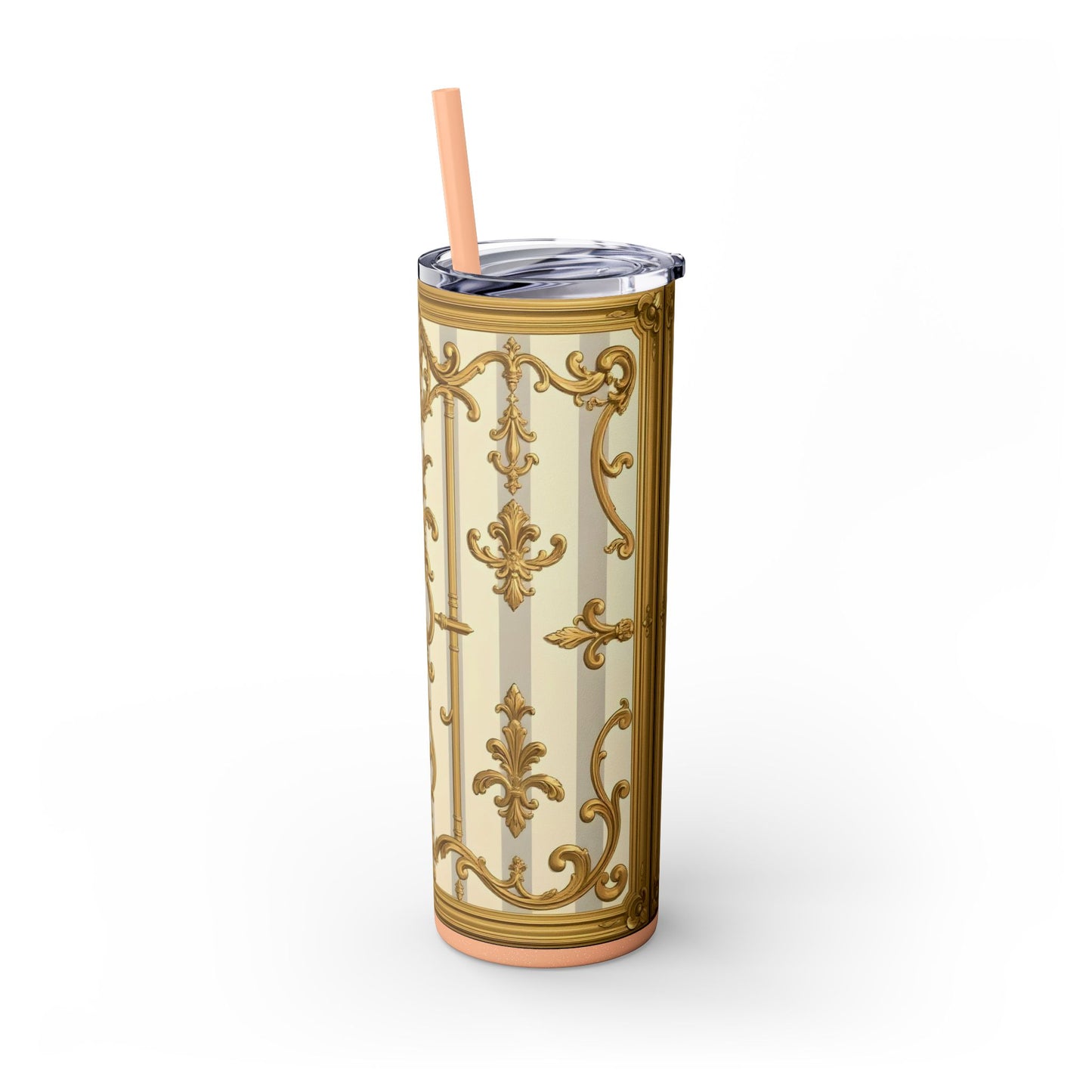 Elegant Vintage Skinny Tumbler with Straw, 20oz - Golden Baroque Design for Weddings, Parties - Matte Gray & Cream Striped Gold Baroque