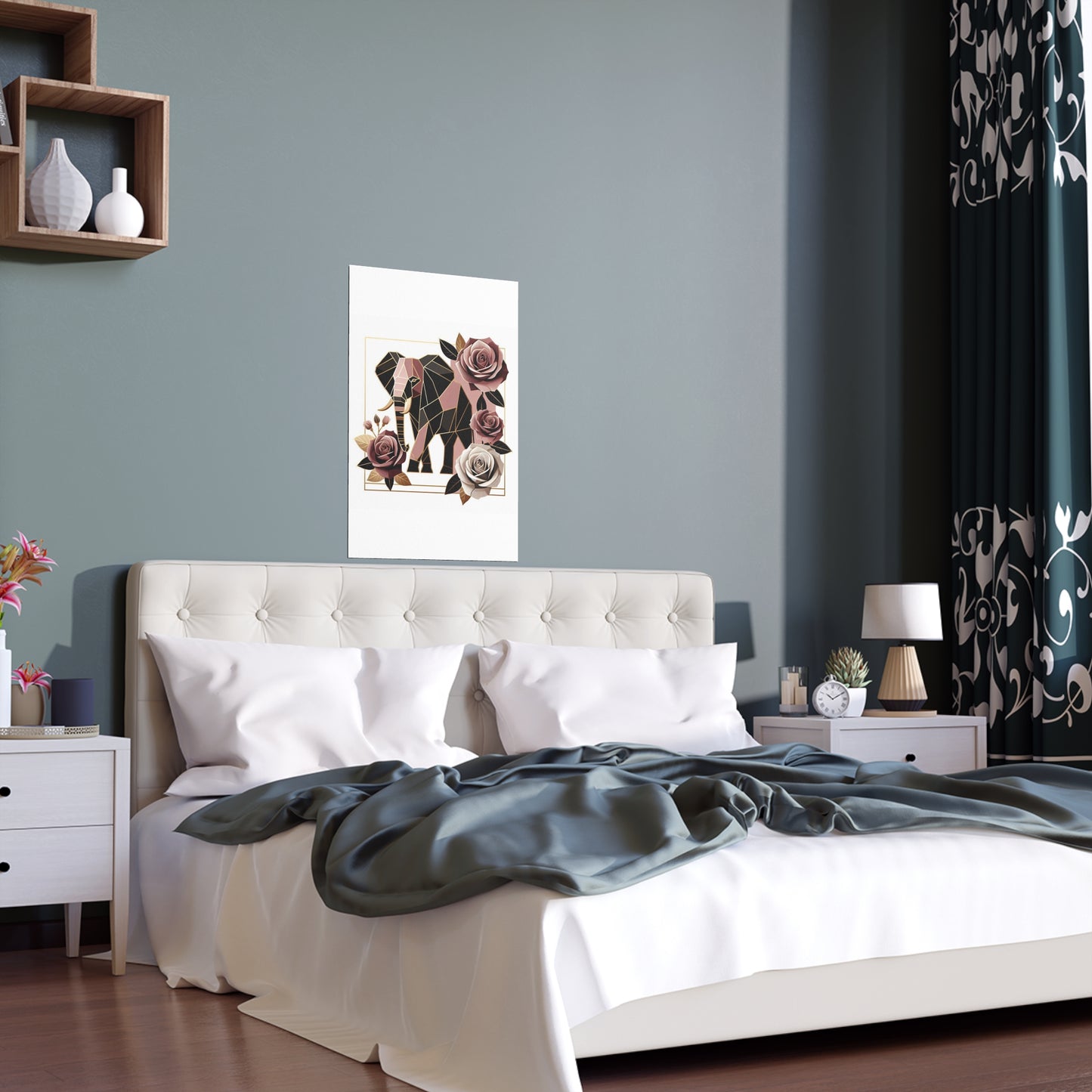 Elegant Floral Silk Poster - Indoor/Outdoor Wall Art for Home Decor - Brown & Mauve Elephant & Roses