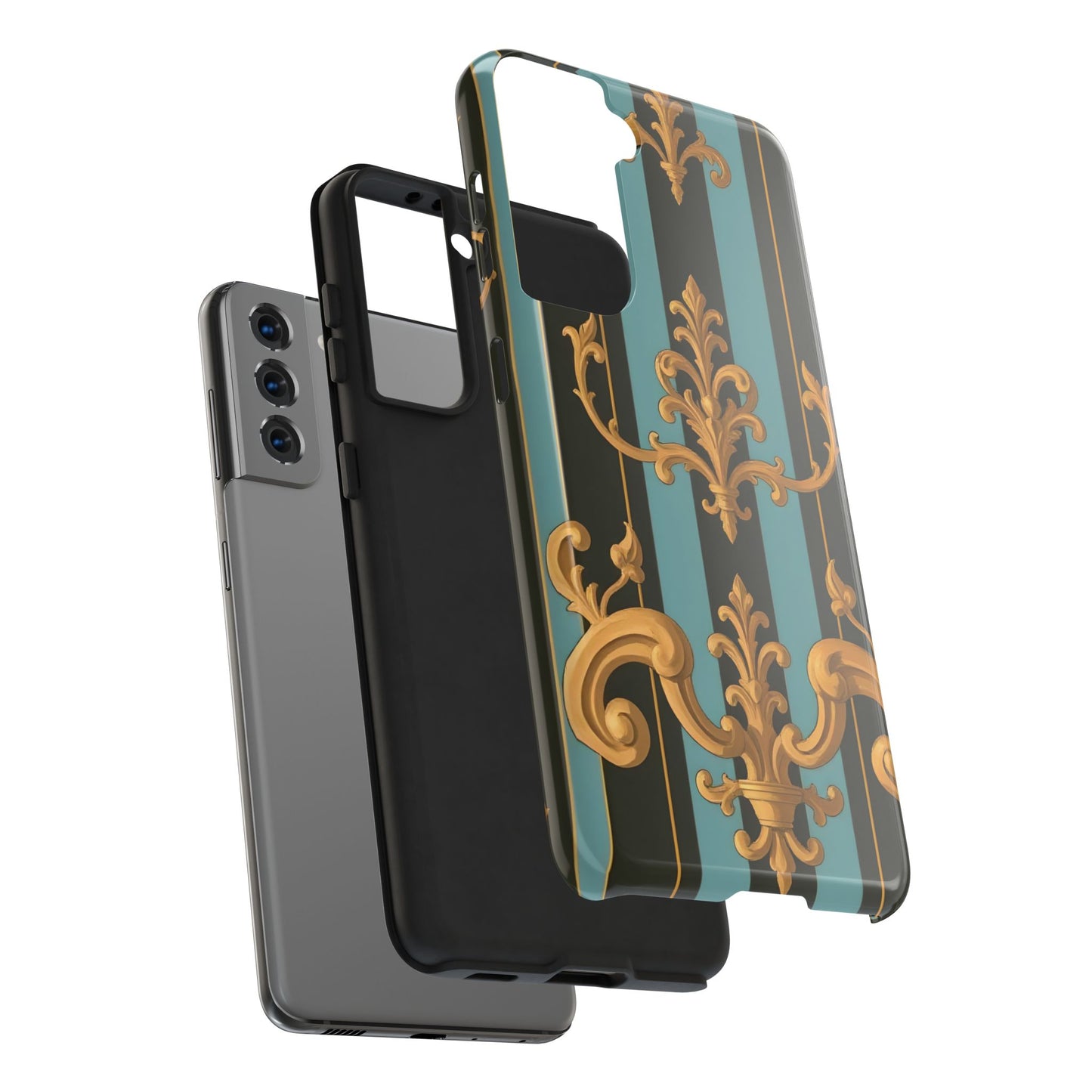Elegant Baroque Tough Phone Case, Stylish Phone Cover, Durable iPhone Case, Unique Gift - Black & Turquoise Striped Baroque
