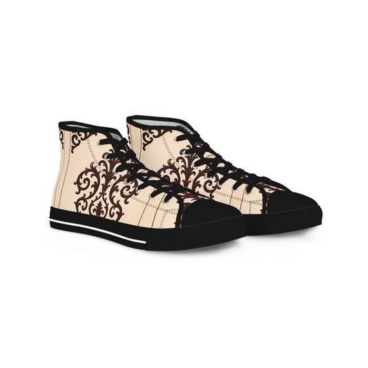 Almond-Beige & Brown Baroque Scroll High-Top Sneakers — Beige Ornate Men's Canvas Shoes
