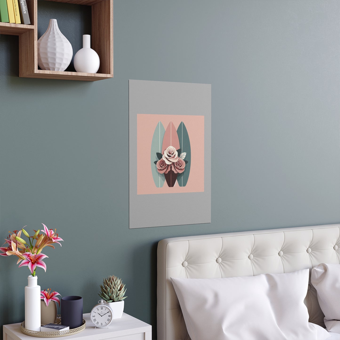 Elegant Floral Silk Poster - Indoor/Outdoor Wall Art for Home Decor - Burgundy, Matte Mauve & Teal Surfboard & Roses