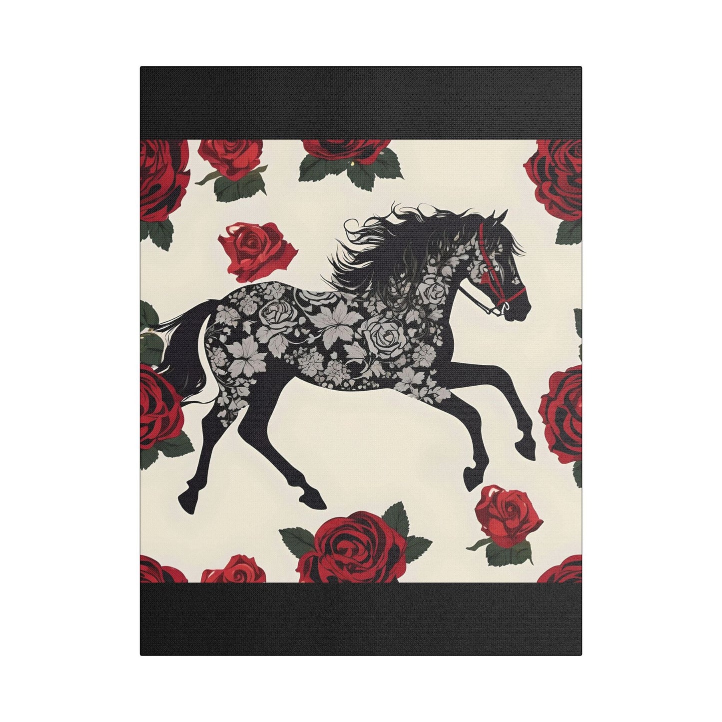 Art Print Canvas, Wall Decor, Satin Stretched Canvas, Equestrian Art, Office Decor, Home Decor - Horse & Roses