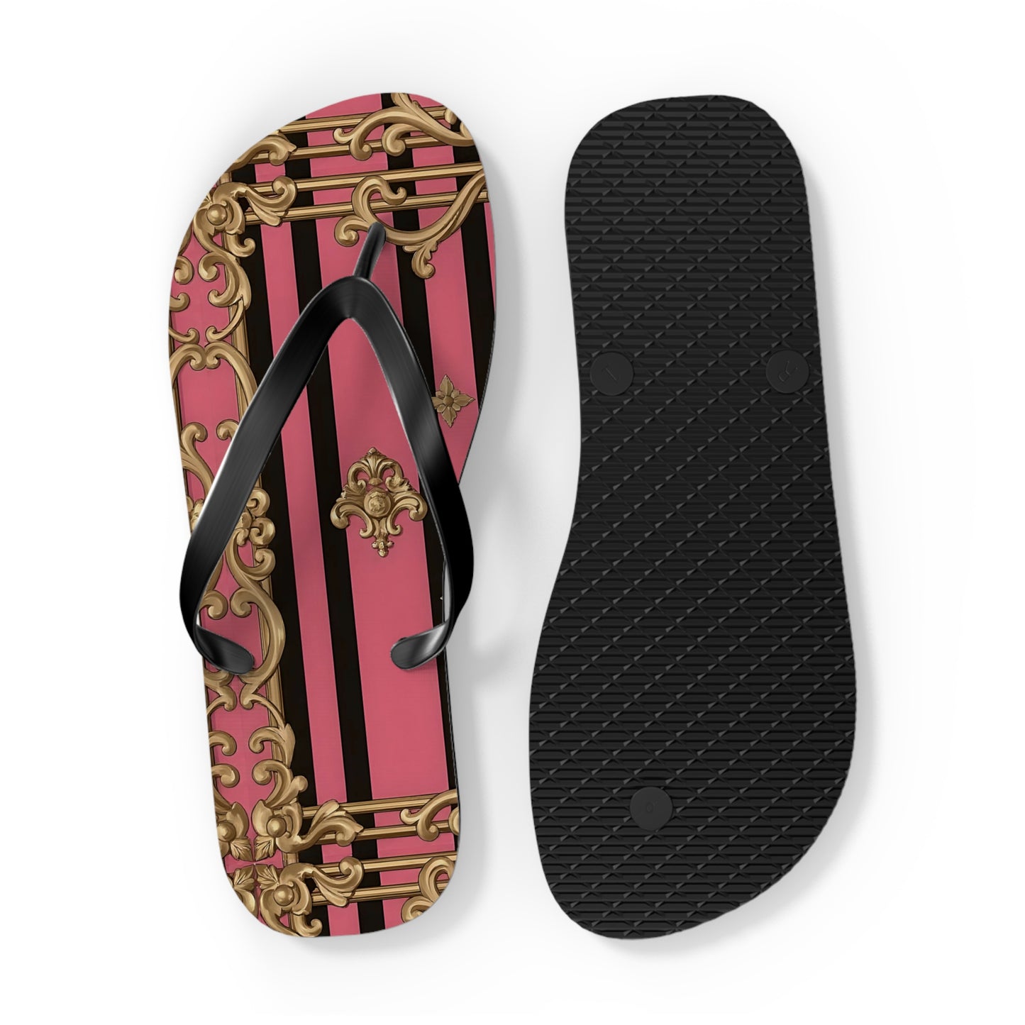Chic Flip Flops, Stylish Summer Sandals, Beachwear, Poolside Accessories, Vacation Footwear, Trendy Casual Shoes - Pink Striped Gold Rococo