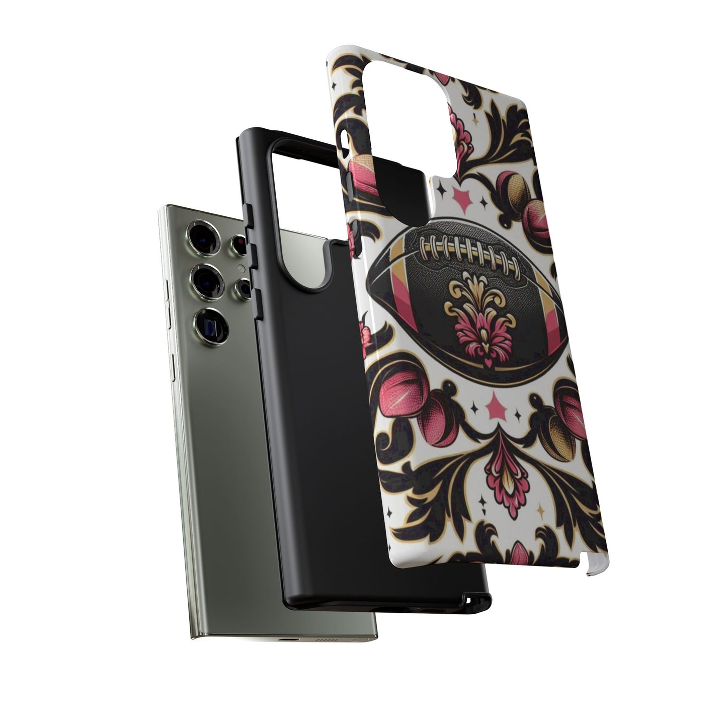 Elegant Floral Motif Phone Case - Tough Cases with Vintage Design - Damask White, Pink Gold & Black Football