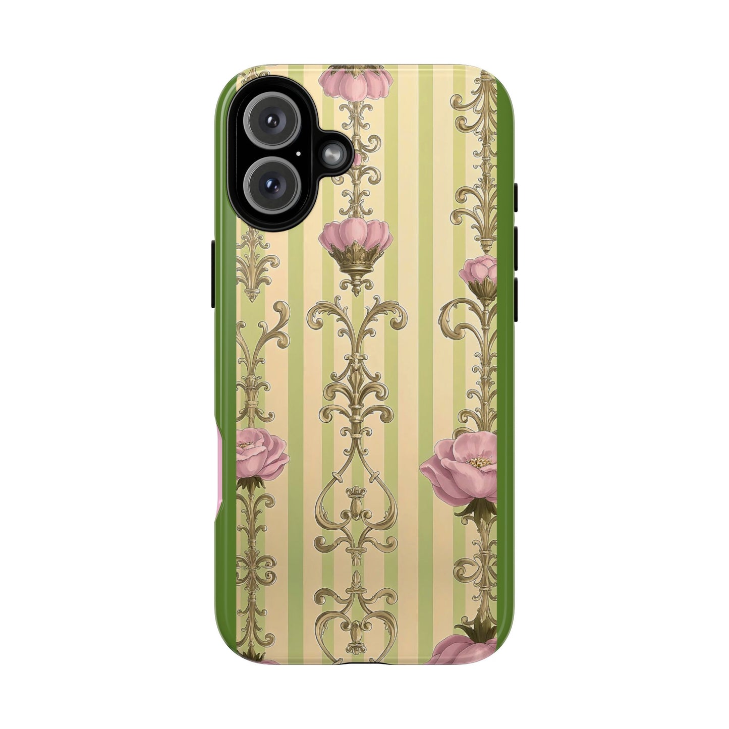 Elegant Floral Motif Phone Case - Tough Cases with Vintage Design - Lime Green & Pink Striped Damask