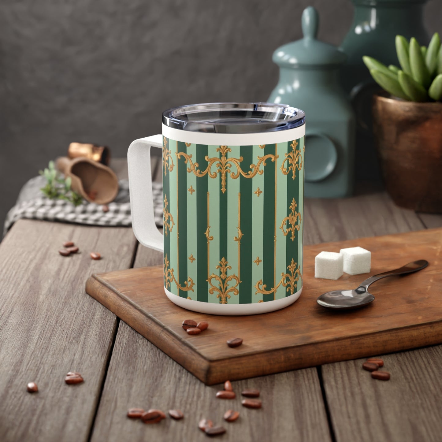 Elegant Insulated Coffee Mug | Ideal for Home, Office, Gifts, Tea Lovers, Travel - Mint Green & Teal Striped Gold Baroque