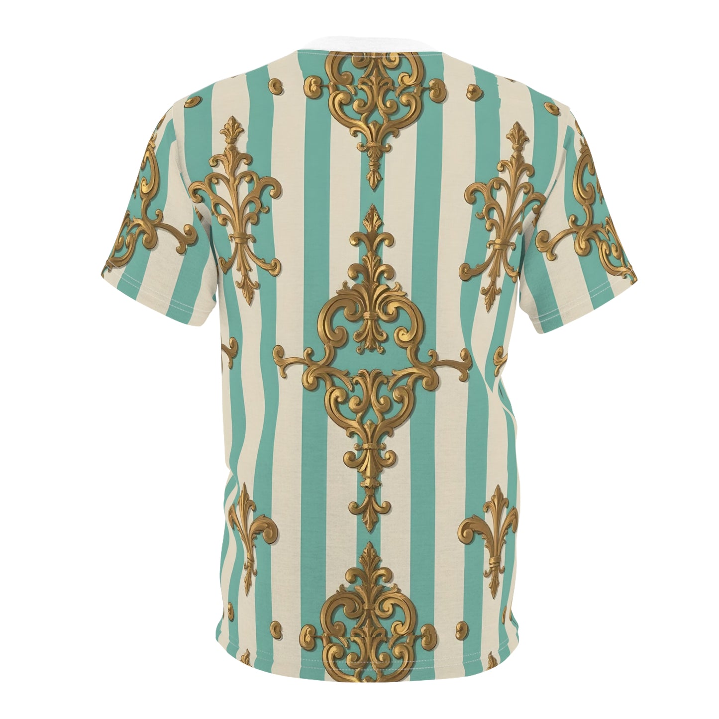 Vintage Elegance Unisex Tee, Bohemian Shirt, Stylish AOP Tee, Casual Fashion Top, Unique Gift for Him/Her - Matte Green Striped Rococo