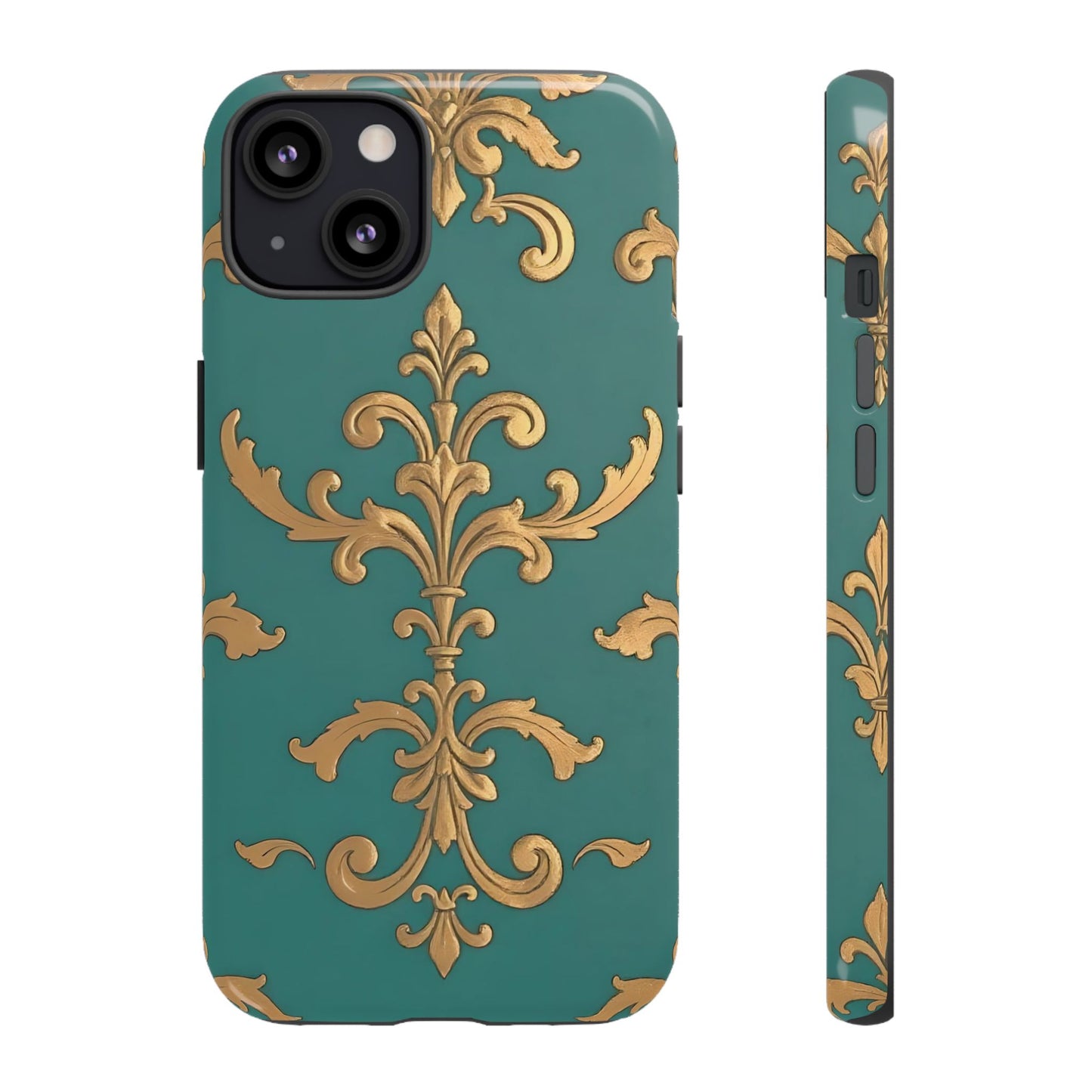 Elegant Floral Motif Phone Case - Tough Cases with Vintage Design - Aqua & Gold Damask