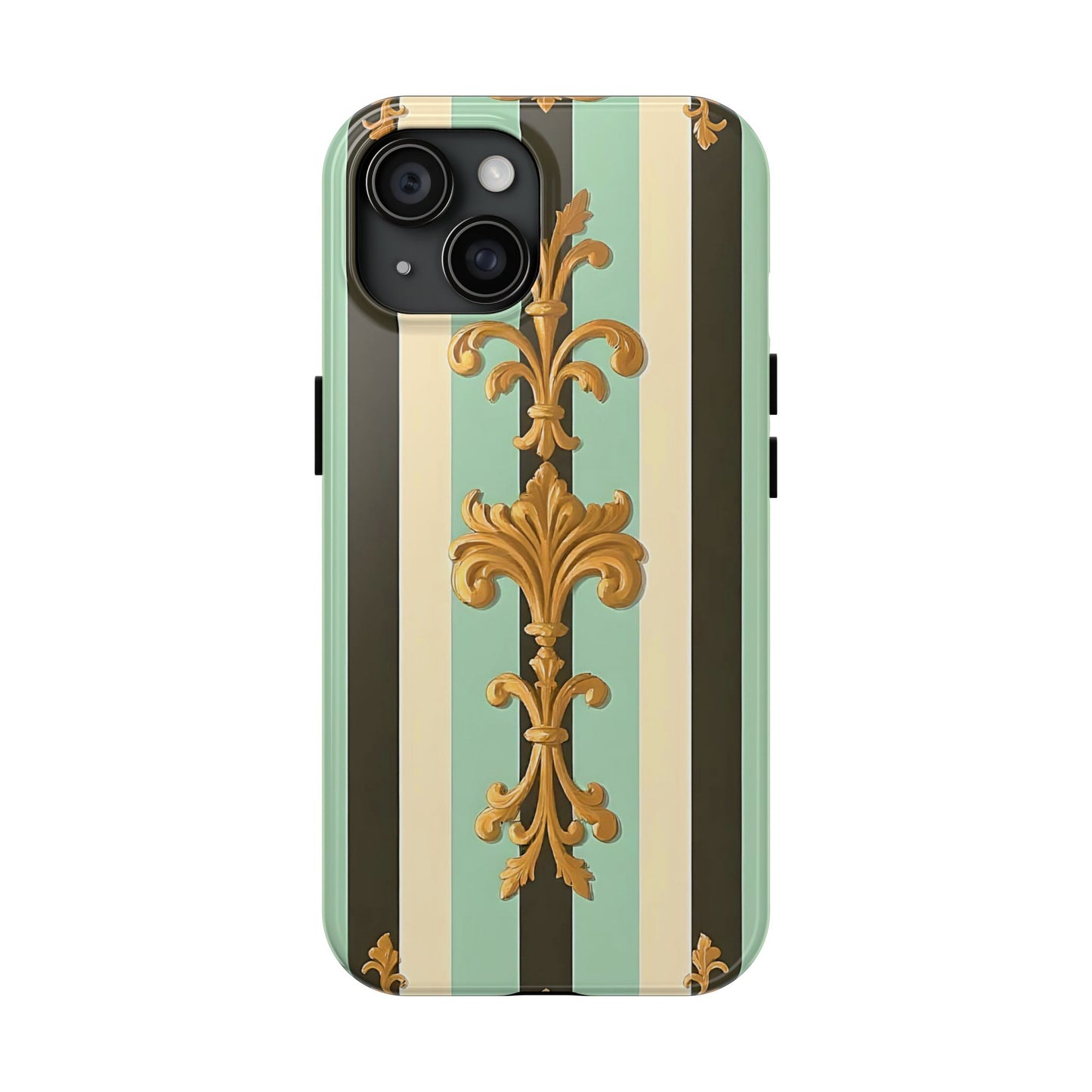 Elegant Floral Tough Phone Cases - Stylish Protection for All Occasions, Gifts for Her, Phone Covers - Black & Matte Mint Striped Rococo