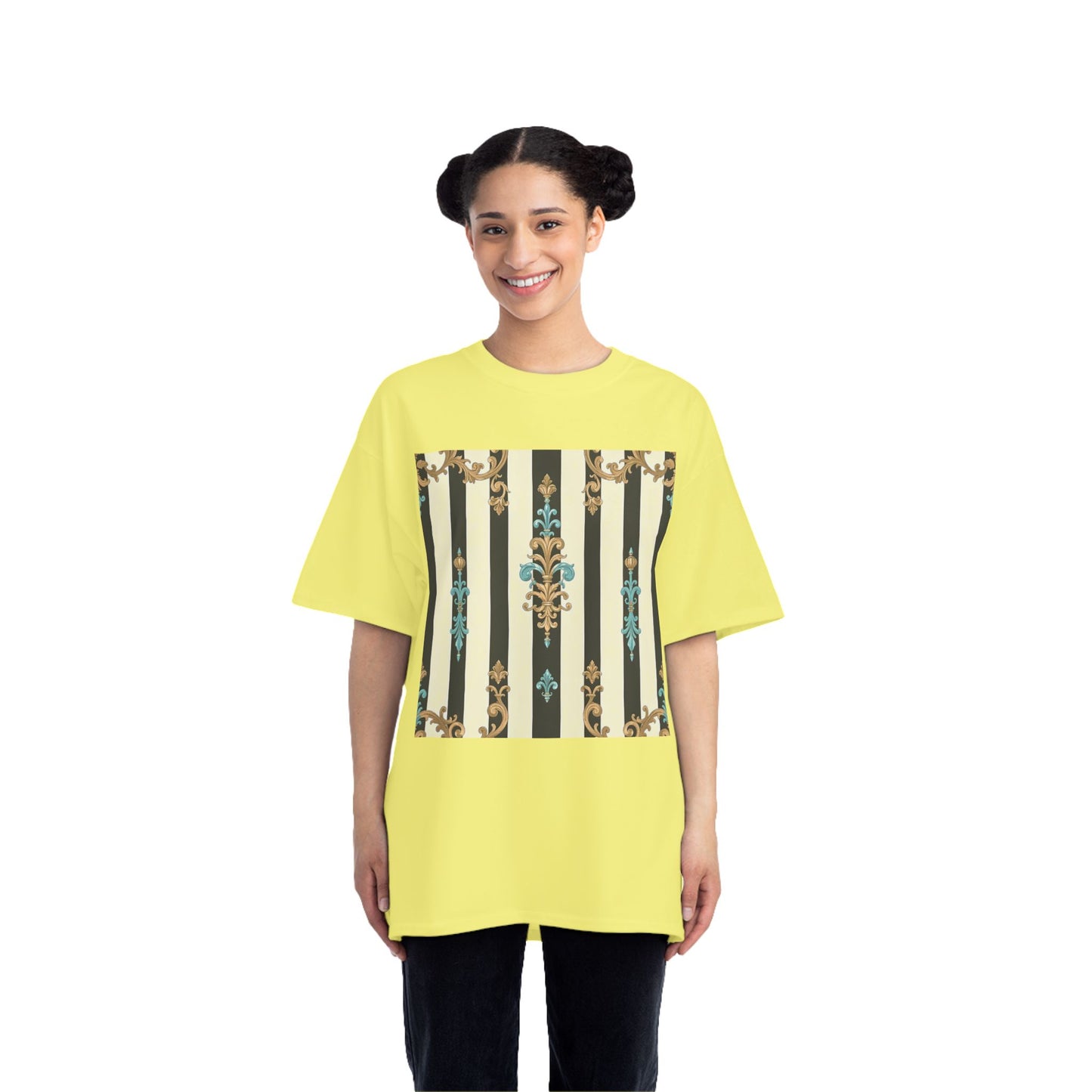 Elegant Floral Pattern Tee, Vintage Style T-Shirt, Gift for Her, Casual Outfit - Black Striped Turquoise & Black Rococo