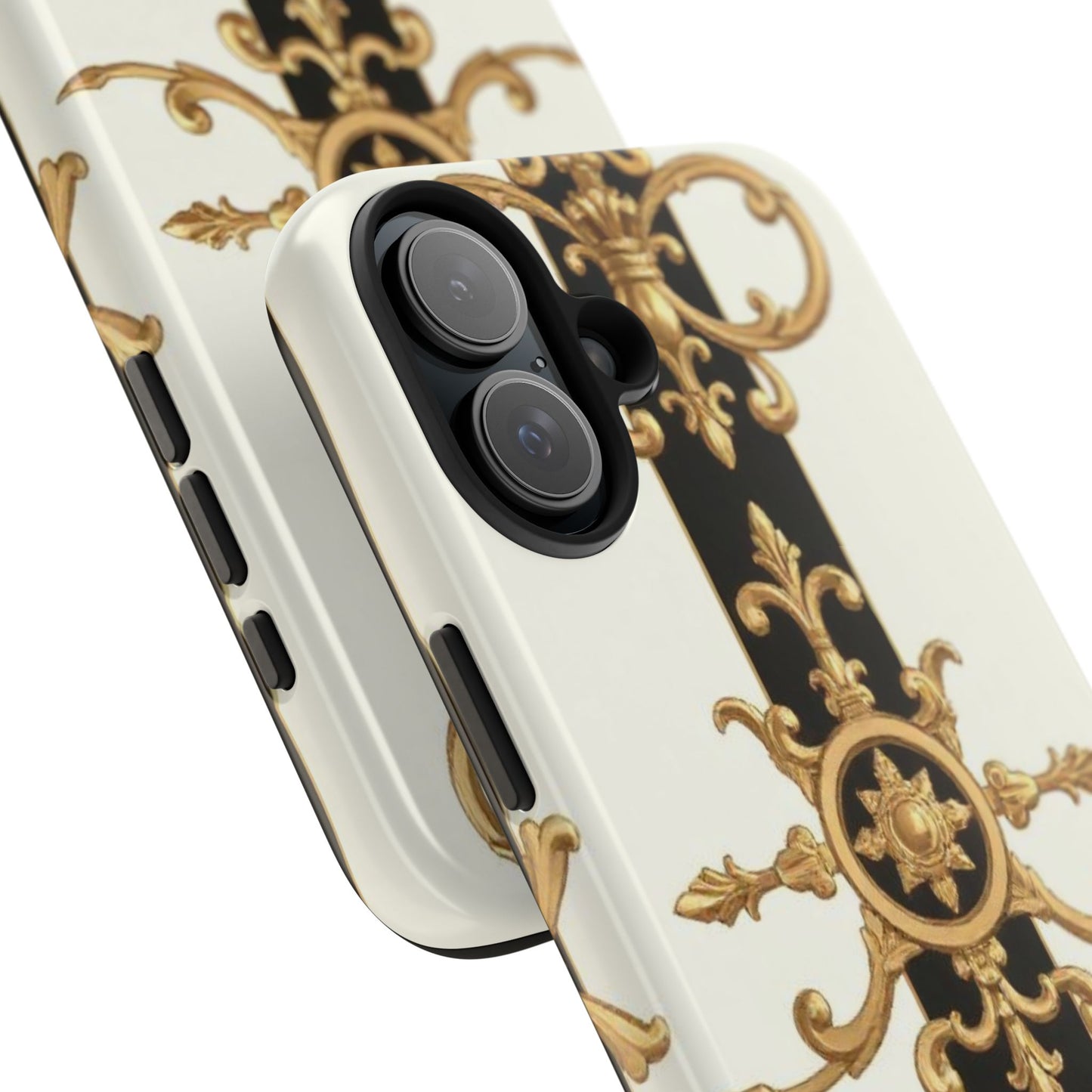 Elegant Baroque Tough Phone Case | Stylish Protection for Your Device, Gift for Her, Phone Accessories - Black & White Striped Gold Baroque