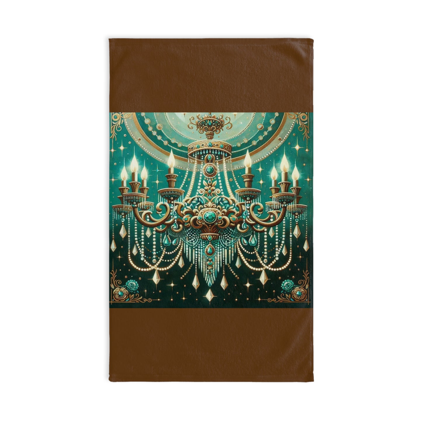 Chandelier Design Hand Towel, Elegant Kitchen Decor, Home & Living Gift, Artistic Bath Towel - Green & Gold Jeweled Chandelier