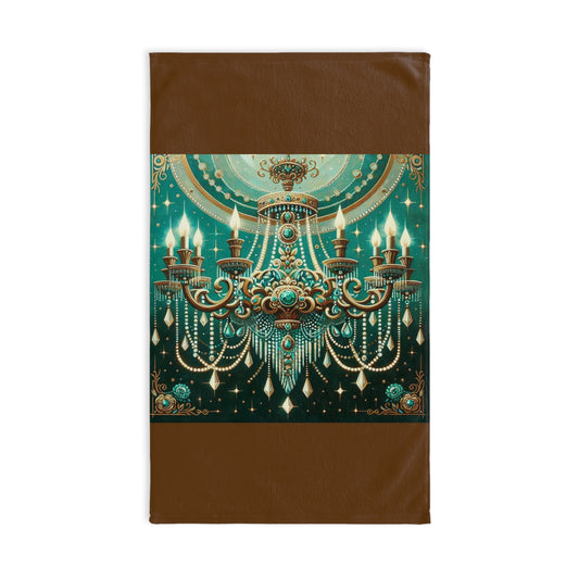 Chandelier Design Hand Towel, Elegant Kitchen Decor, Home & Living Gift, Artistic Bath Towel - Green & Gold Jeweled Chandelier
