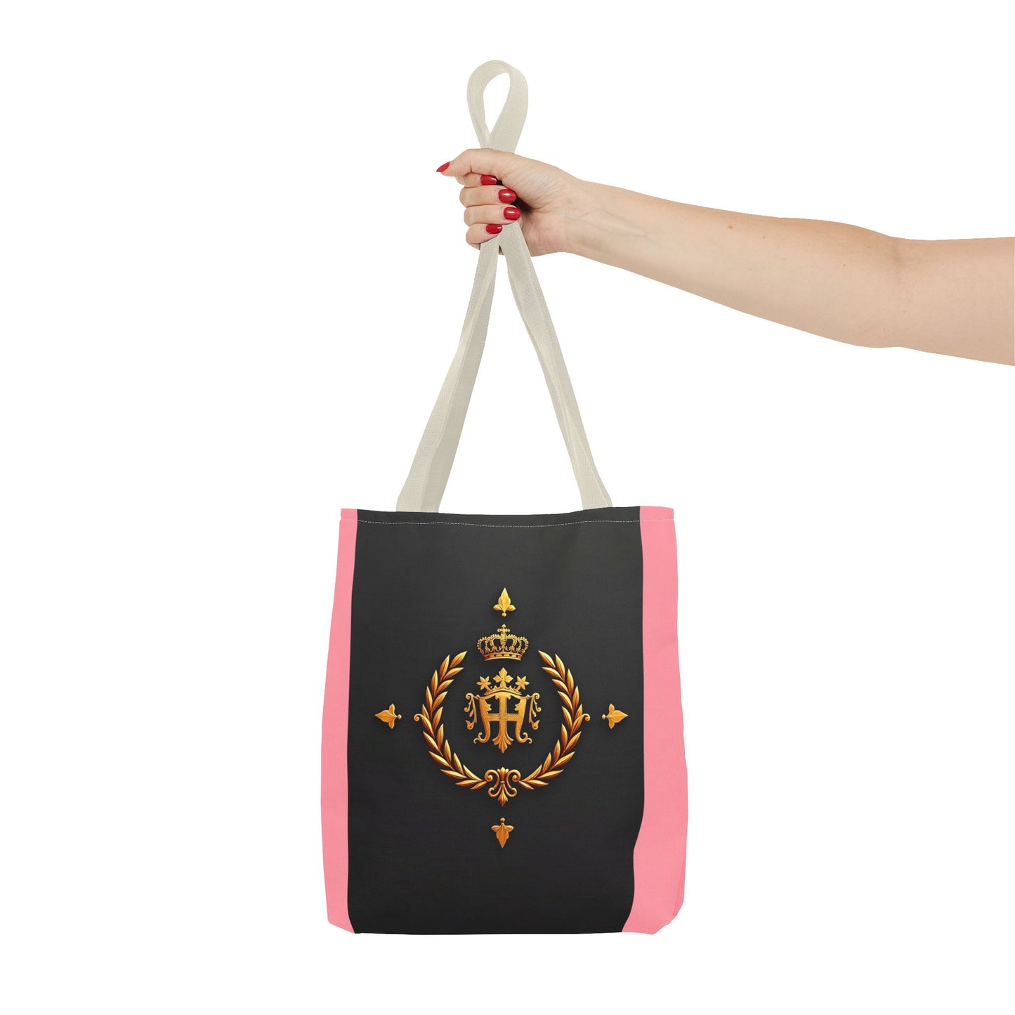 Elegant Monogrammed Tote Bag - Chic Shopper, Eco-Friendly Carryall, Personalized Gift, Stylish Accessory - Pink Striped Gold Crest