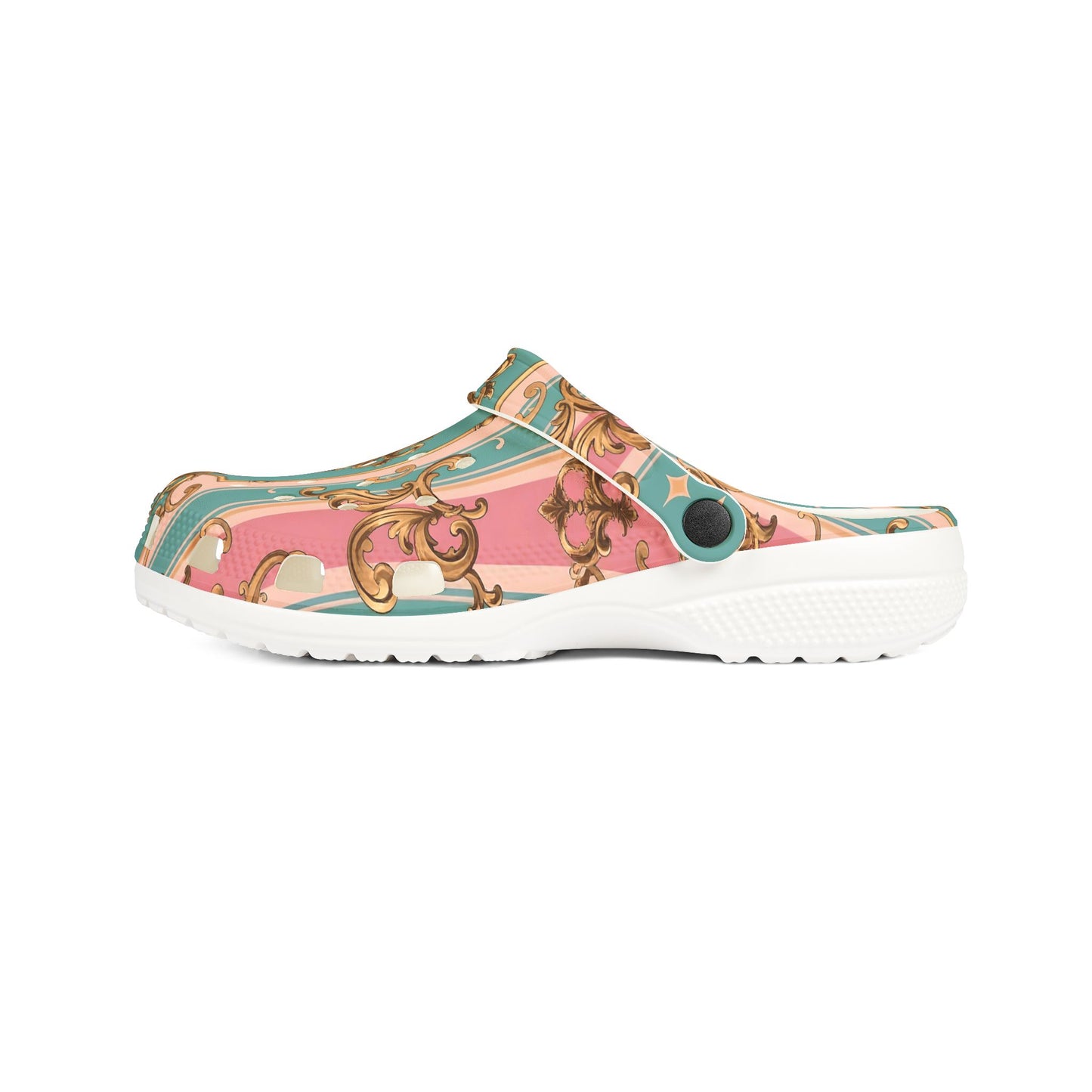 Fashionable AOP EVA Foam Rubber Shoes, Trendy Comfort Footwear, Perfect for Home - Pink & Matte Turquoise Striped Rococo