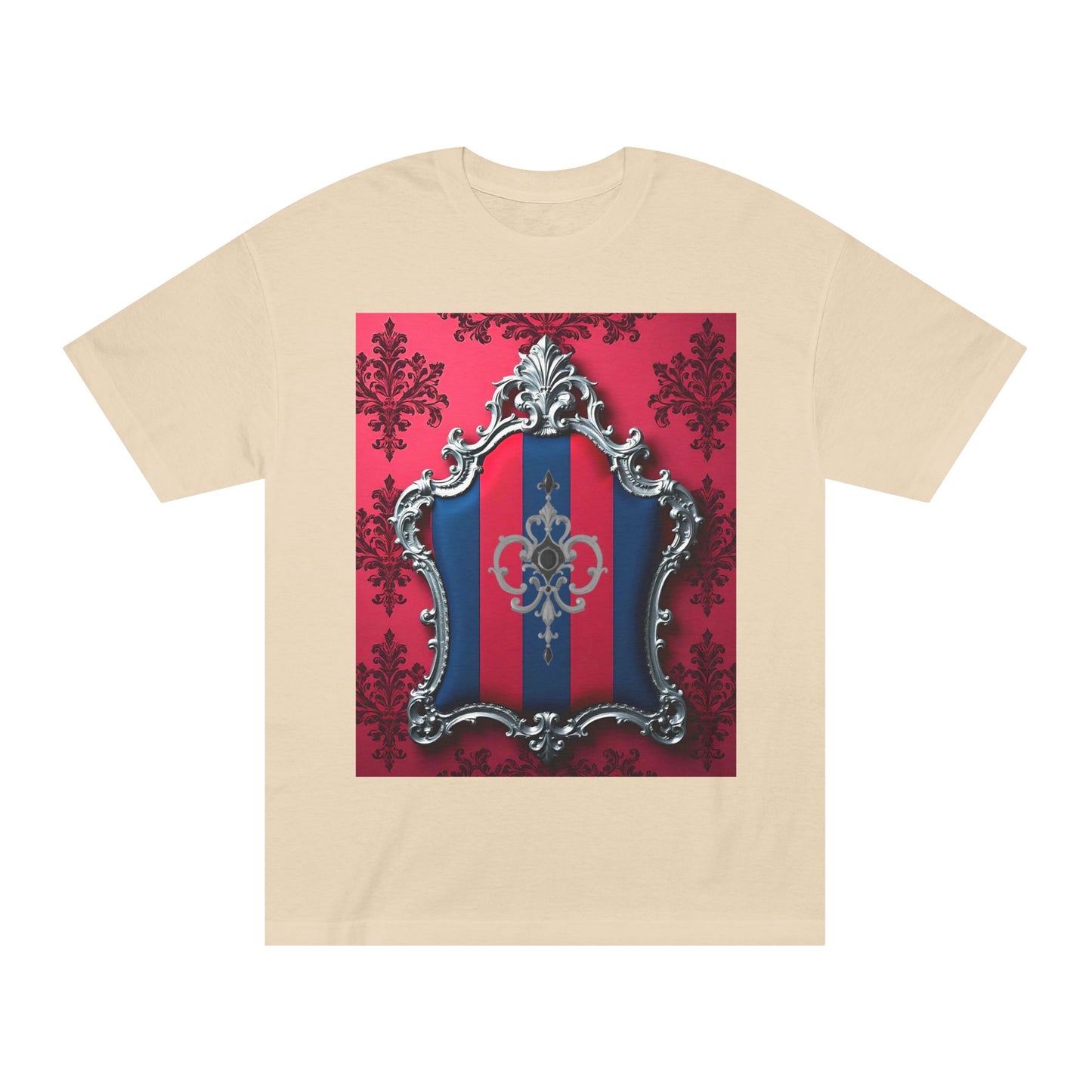 Vintage Couture Shield Unisex Classic Tee, Fashion T-Shirt, Gift for Fashion Lovers, Casual Wear, Unique Graphic Shirt - Blue & Red Striped Silver Crest