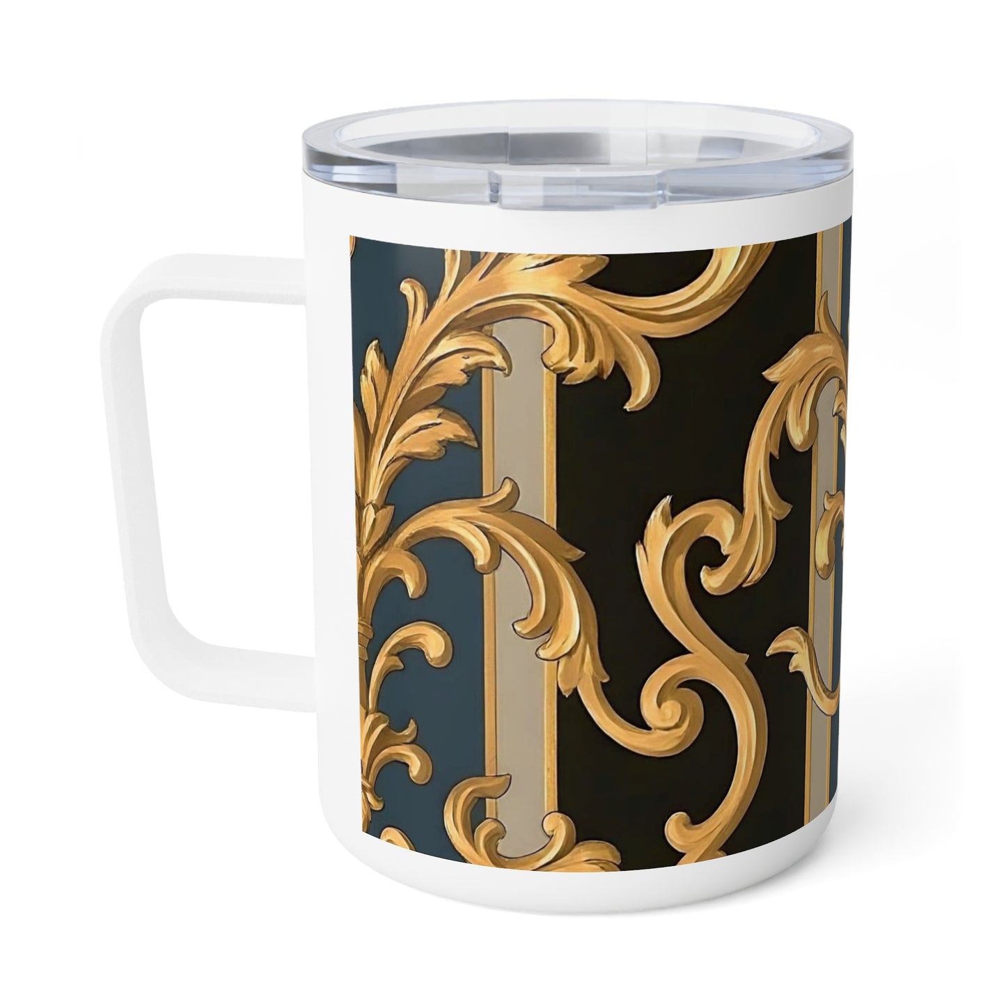 Elegant Insulated Coffee Mug, 10oz | Decorative Mug for Home & Office, Unique Gift for Coffee Lovers - Blue & Black Striped Rococo