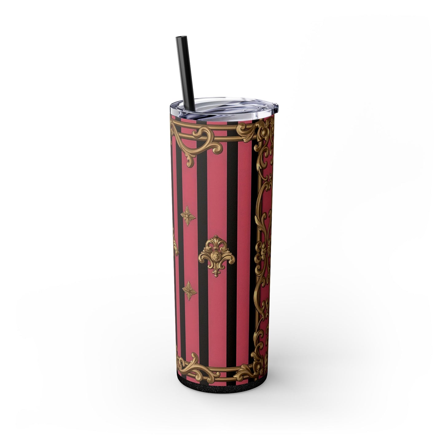 Elegant Pink Striped Skinny Tumbler with Straw, 20oz, Stylish Drinkware, Custom Gift Idea, Travel Mug, Wedding Gift - Pink Striped Gold Rococo