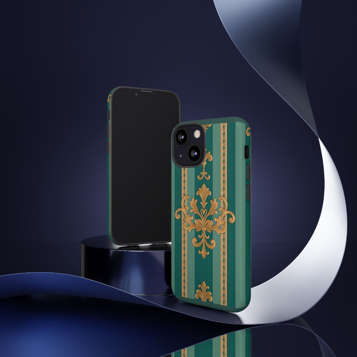 Elegant Floral Motif Phone Case - Tough Cases with Vintage Design - Teal Striped Gold Damask