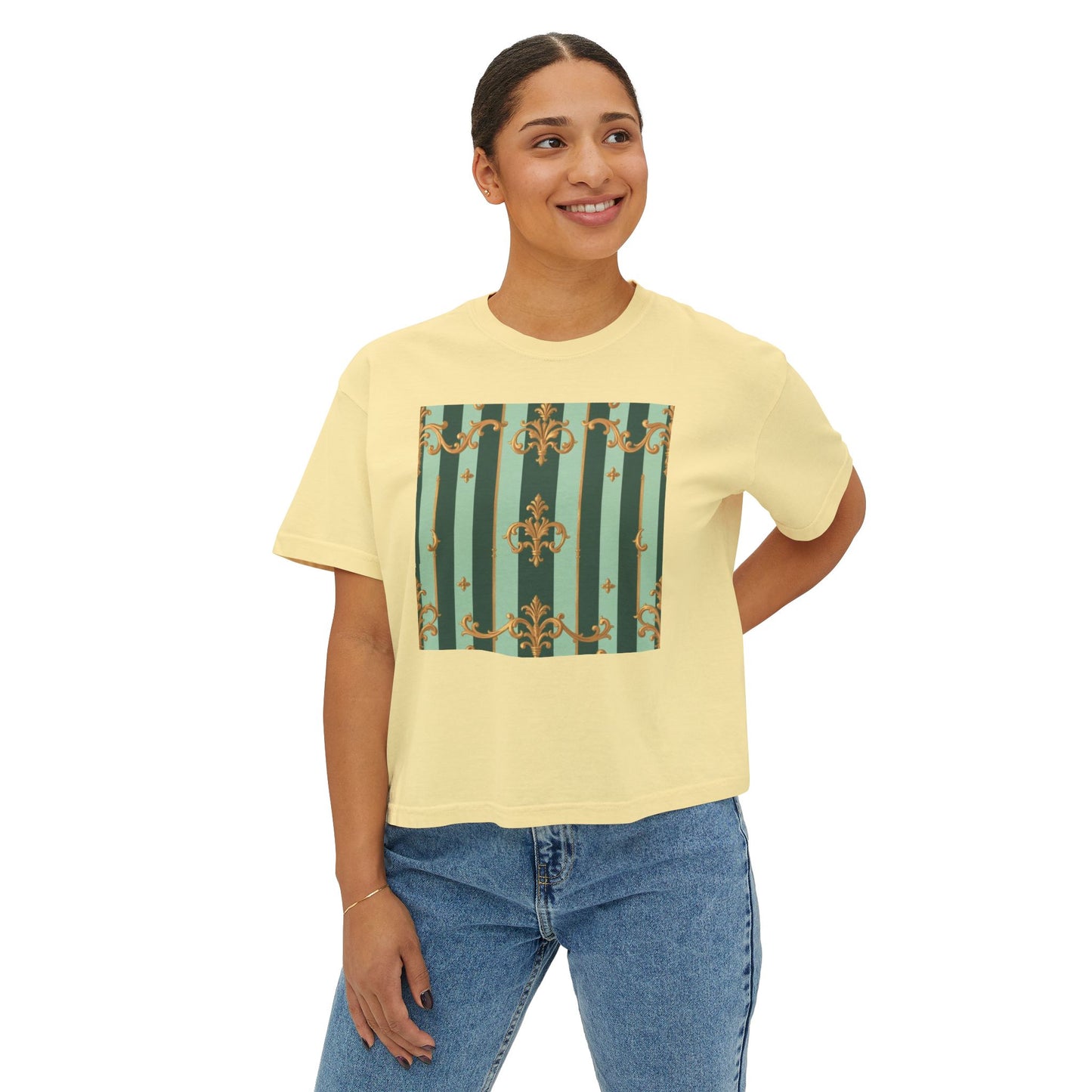 Chic Women's Boxy Tee, Vintage Inspired Tops, Casual Everyday Wear, Fashion for Her, Stylish Graphic Tee - Mint Green & Teal Striped Gold Baroque