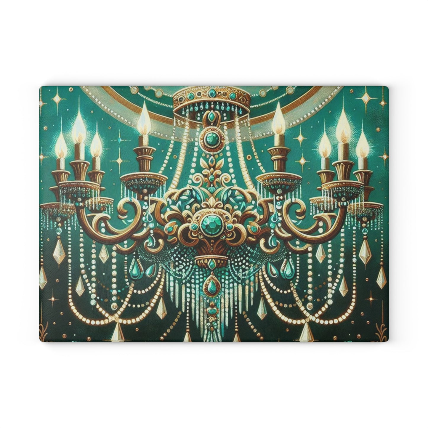 Glass Cutting Board - Green & Gold Jeweled Chandelier