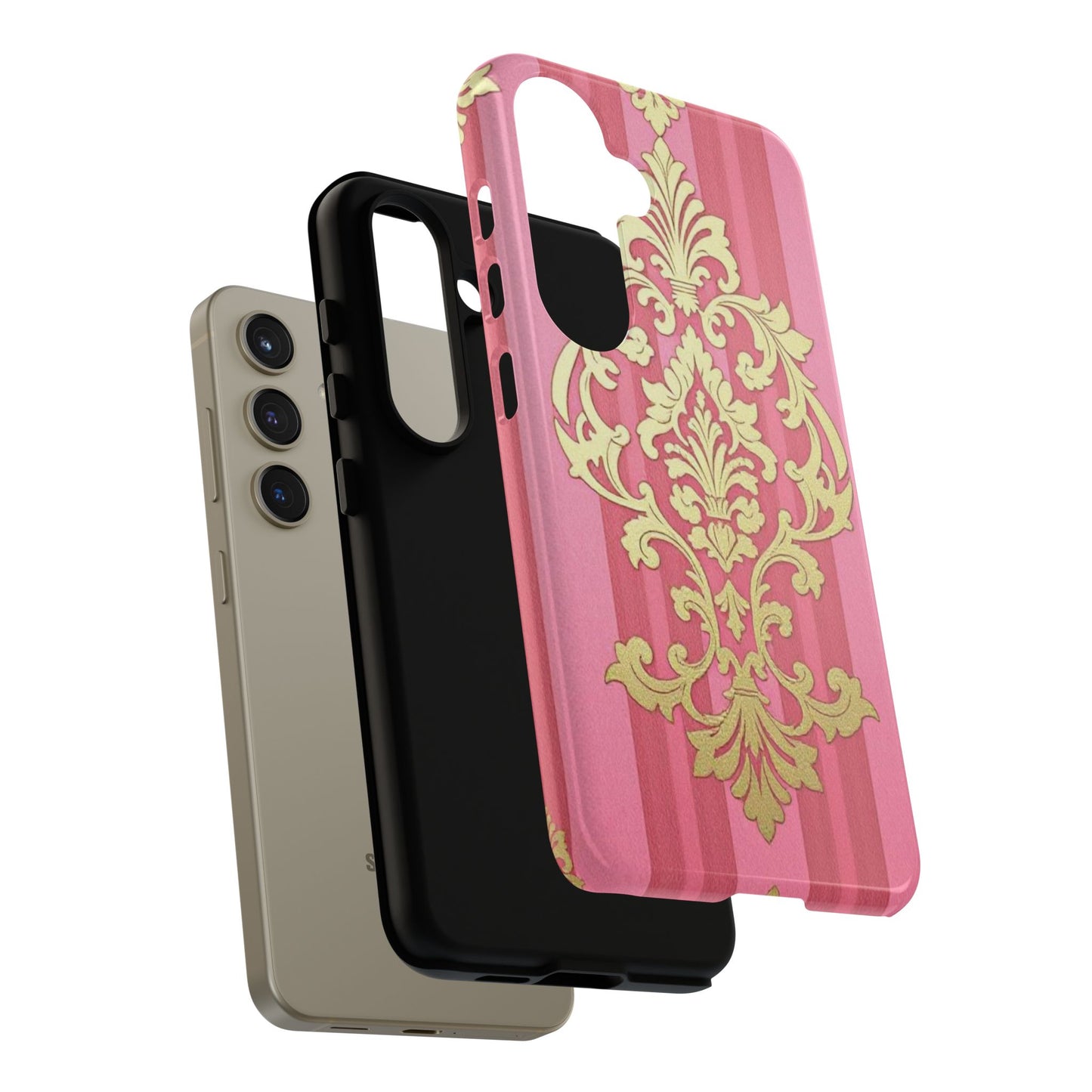 Elegant Floral Motif Phone Case - Tough Cases with Vintage Design - Pink Striped Damask