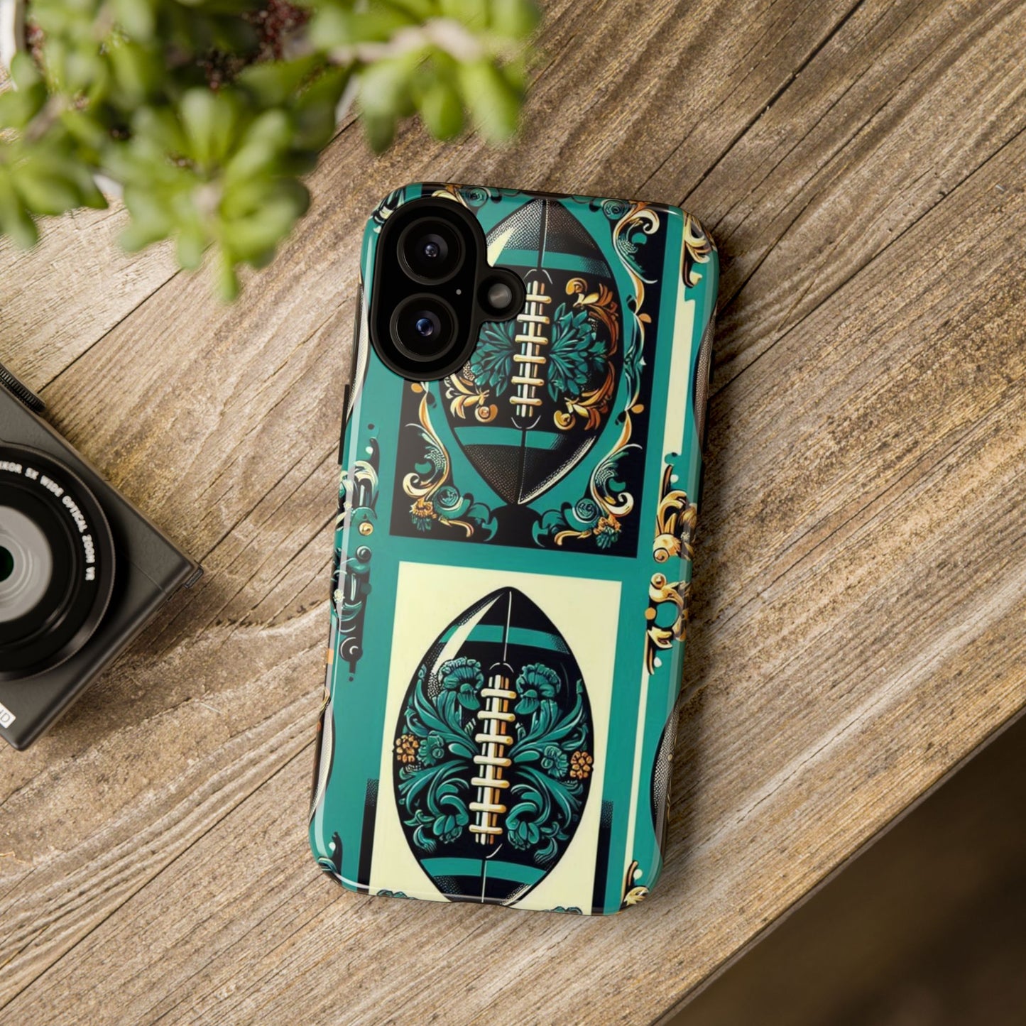 Elegant Floral Motif Phone Case - Tough Cases with Vintage Design -  Damask Teal, Gold & Black Footballs