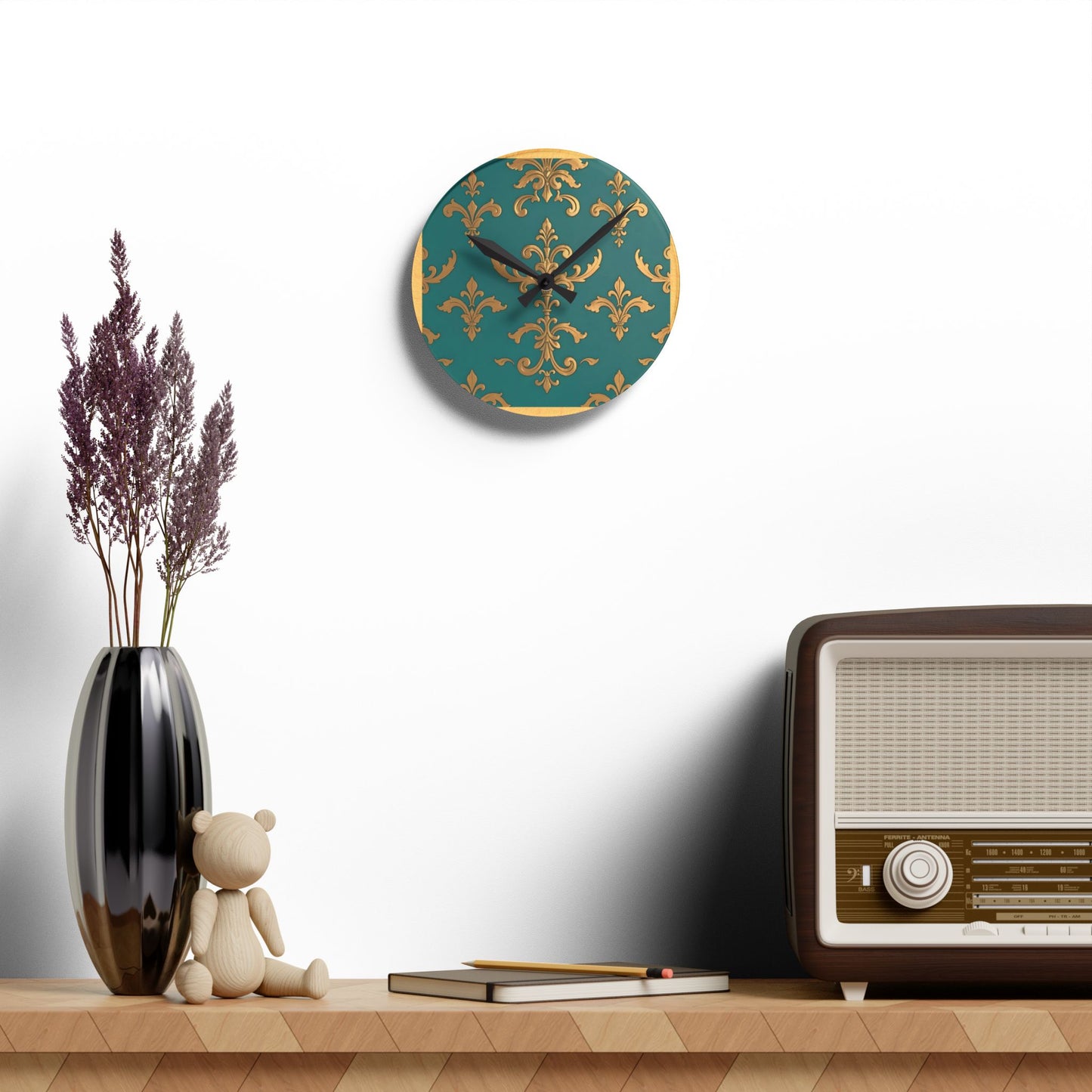 Bohemian Damask-Inspired Acrylic Wall Clock with Floral Design -  Aqua & Gold Design