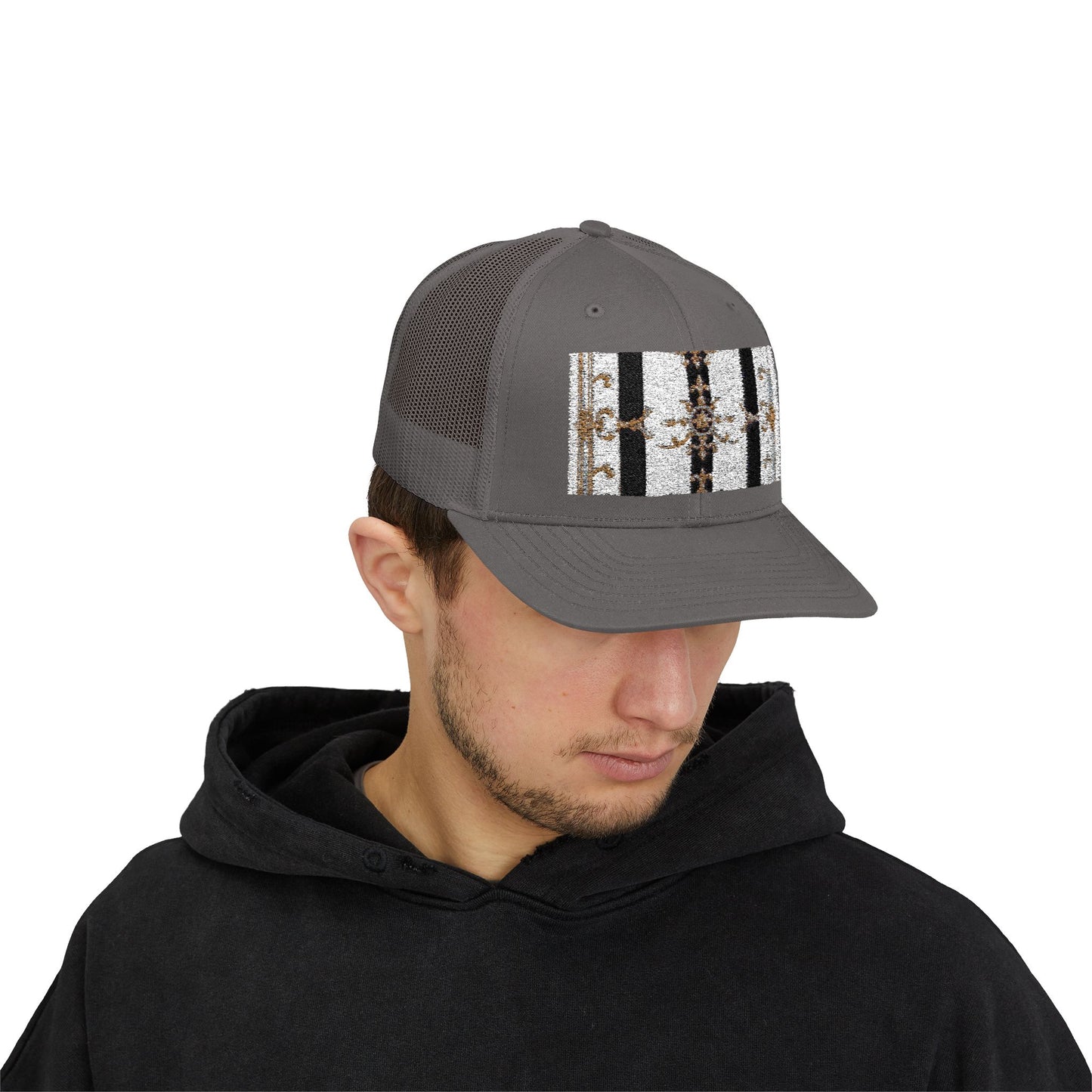 Trendy Snapback Trucker Cap, Casual Fashion Hat, Summer Accessory, Gift Idea for Cool Teens, Outdoor Activities - Black & White Striped Gold Baroque