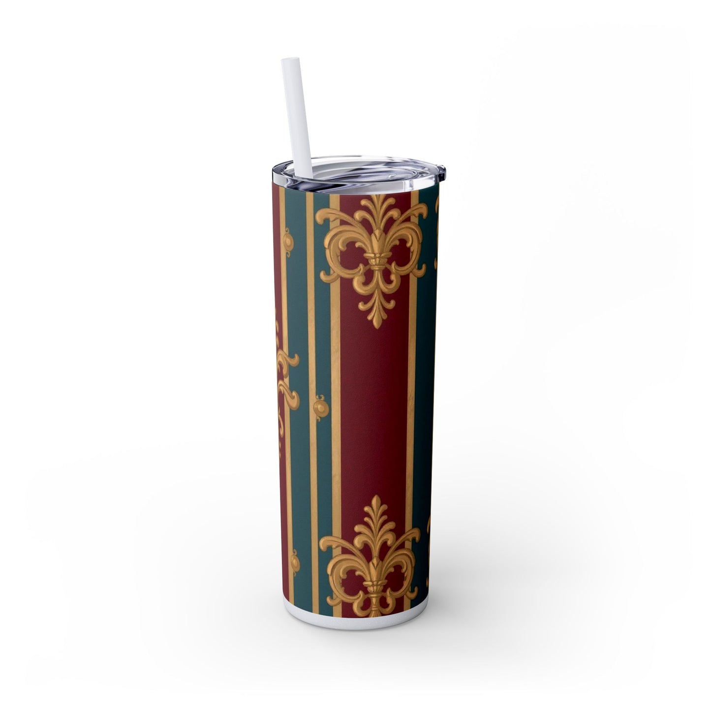 Elegant Vintage Skinny Tumbler with Straw, 20oz | Gold & Burgundy Design | Travel Mug, Gift for Her - Burgundy Striped Gold Baroque