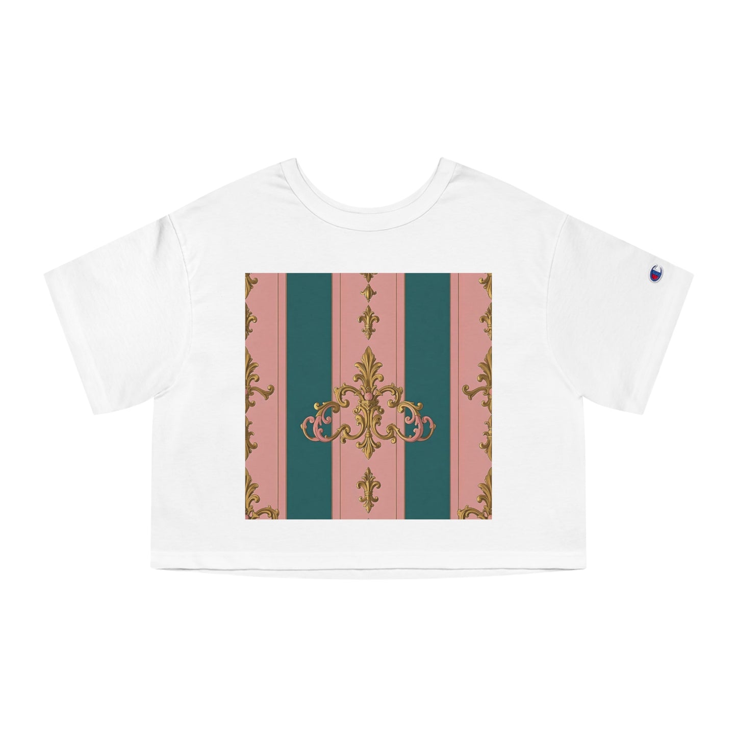 Heritage Cropped T-Shirt with Elegant Floral Design, Casual Wear, Summer Fashion, Vintage Style, Gift for Her - Pink & Teal Striped Gold Baroque