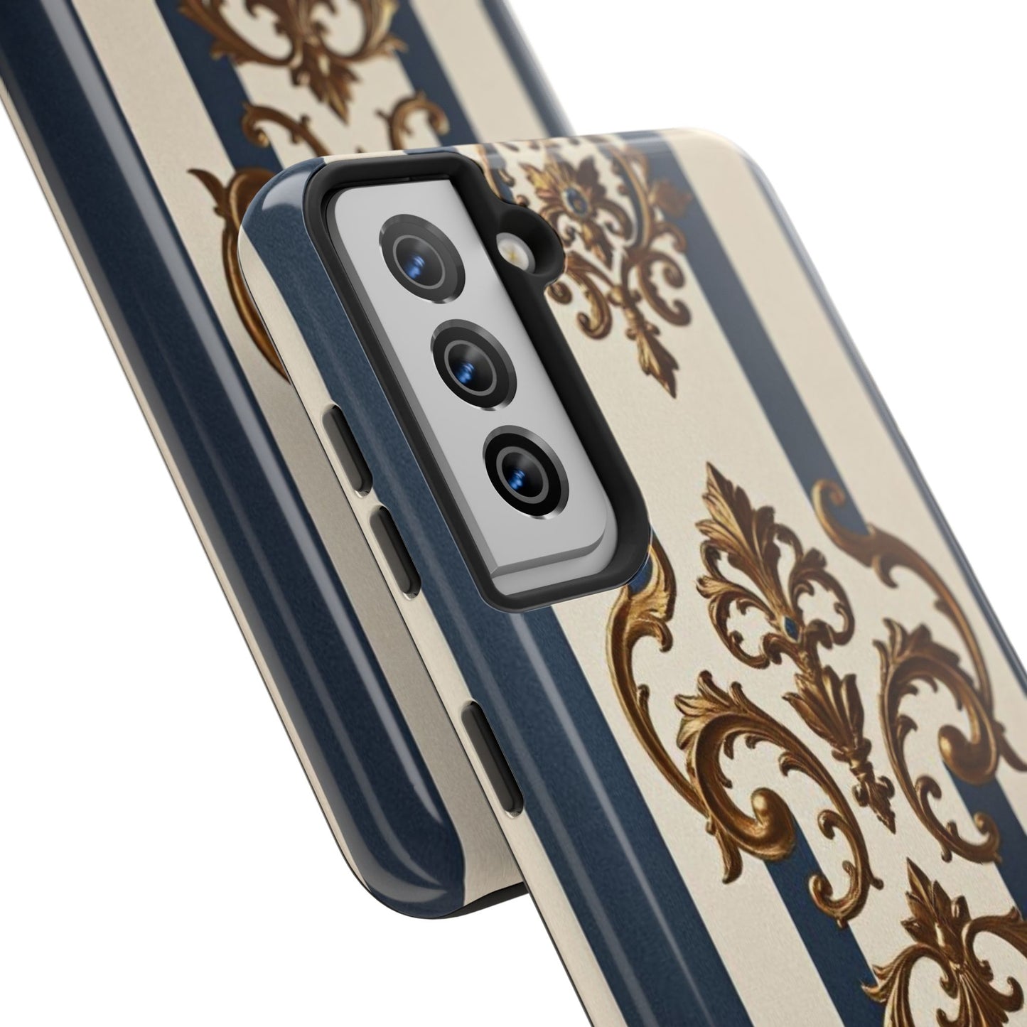 Damask Tough Phone Case - Alabaster & Blue Striped Damask