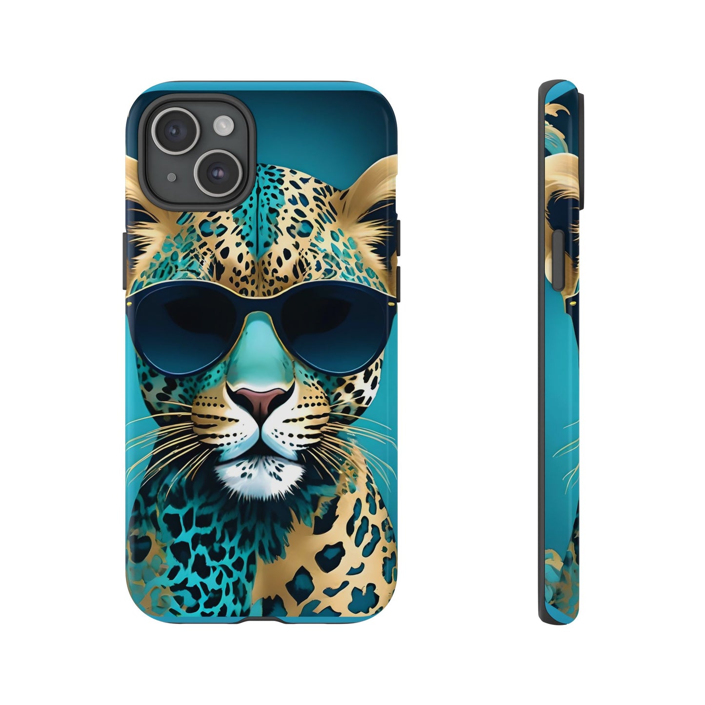 Phone Case - Aqua & Gold Leopard In Sunglasses Design