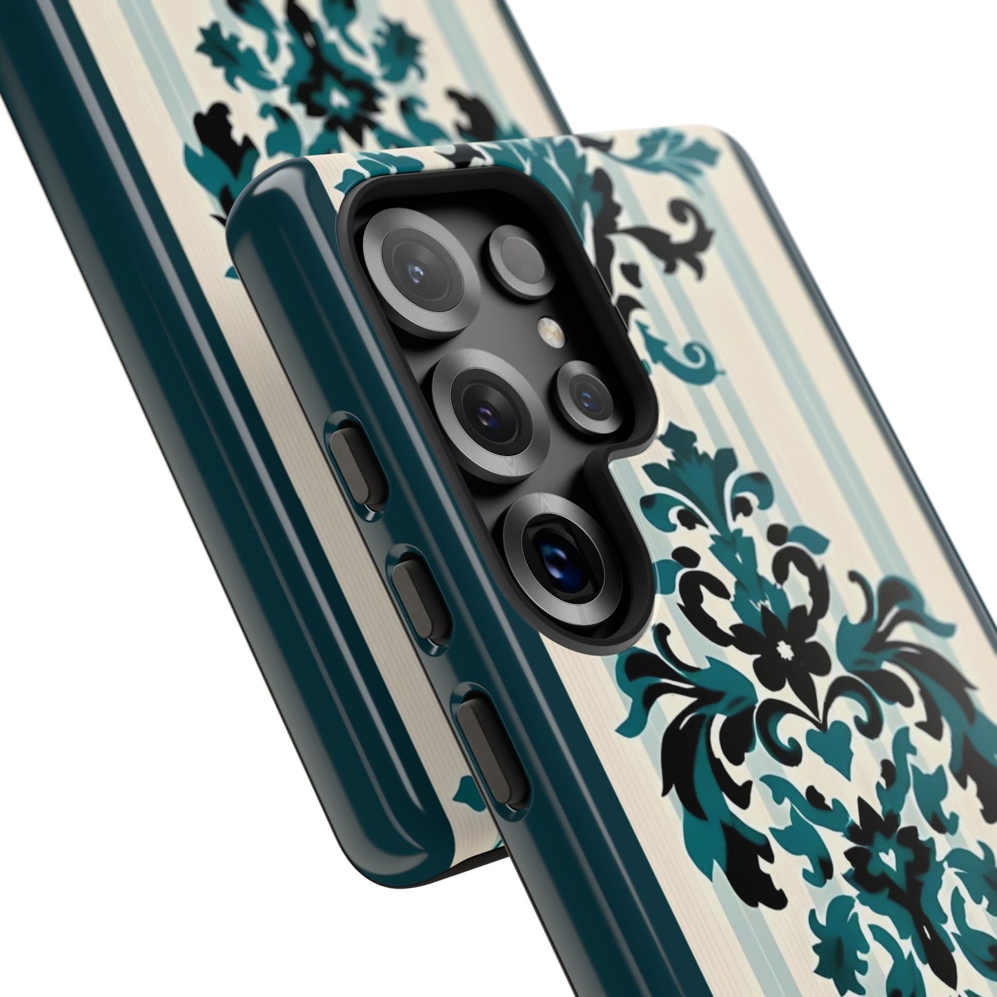 Elegant Floral Phone Case - Tough Cases with Vintage Design - Teal Striped Damask
