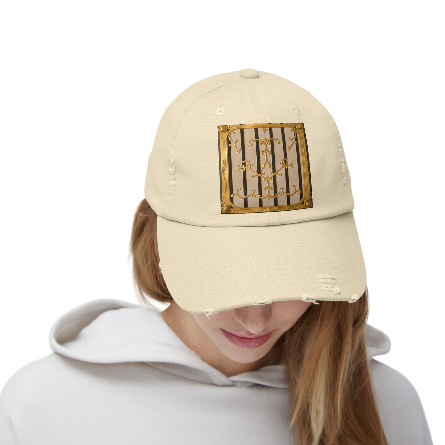 Unisex Distressed Cap - Beige Striped Gold Rococo