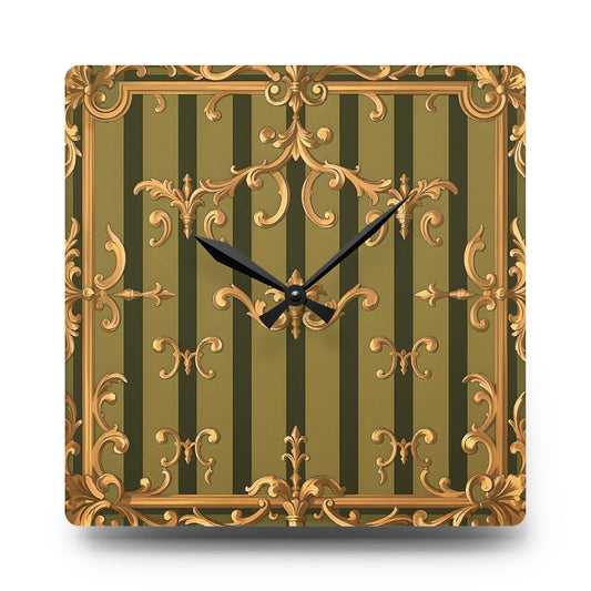Elegant Vintage Acrylic Wall Clock, Home Decor, Wall Art, Gift for Her, Living Room Accent, Timeless Style - Olive Green Striped Rococo
