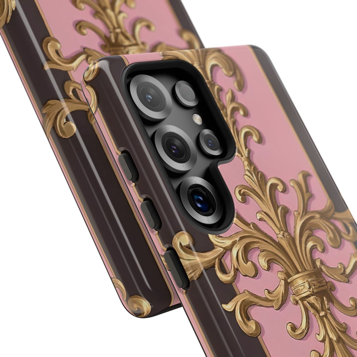 Elegant Floral Motif Phone Case - Tough Cases with Vintage Design - Pink & Brown Striped Gold Damask