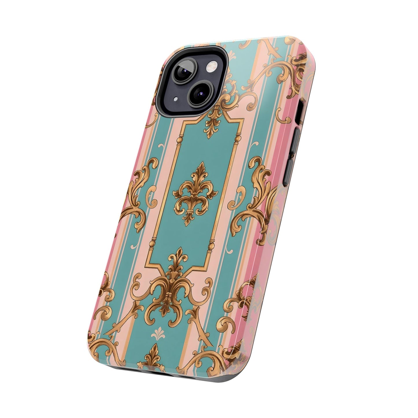 Elegant Floral Tough Phone Case, Artistic Phone Cover, Gift for Her, Chic Phone Accessory - Pink & Matte Turquoise Striped Rococo
