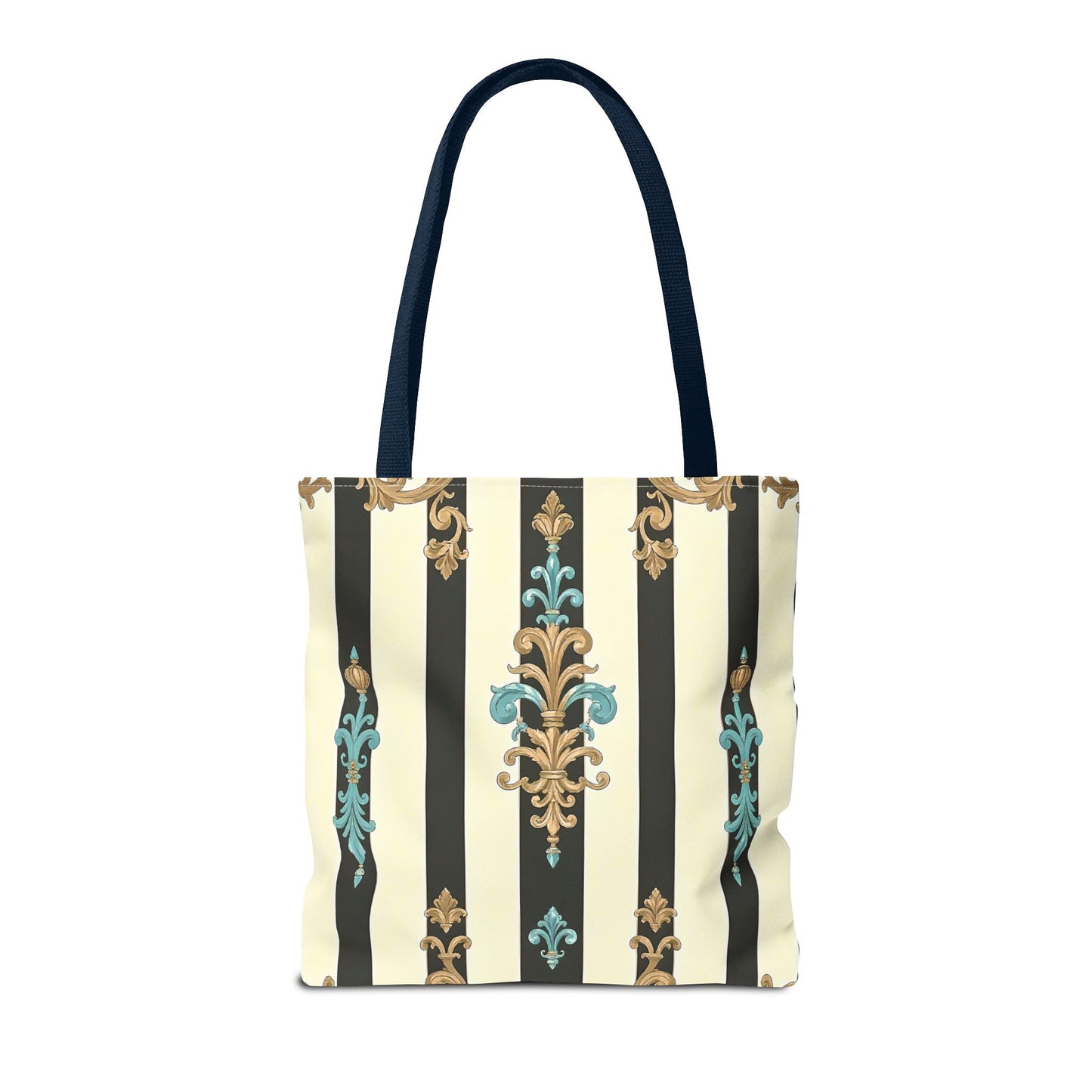 Elegant Stripe Pattern Tote Bag | Fashionable Reusable Shopping Tote, Eco-Friendly Gift Bag - Black Striped Turquoise & Black Rococo