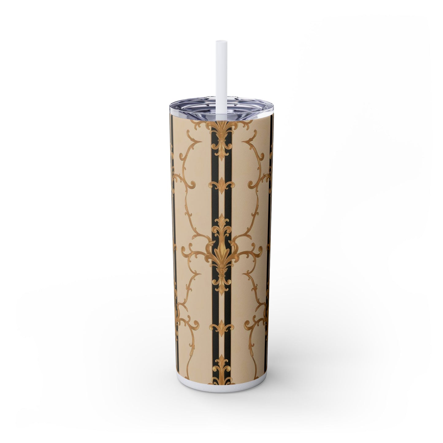 Elegant Gold Patterned Skinny Tumbler with Straw, 20oz | Stylish Travel Mug, Gift for Her, Fancy Drinkware - Black & Beige Striped Damask