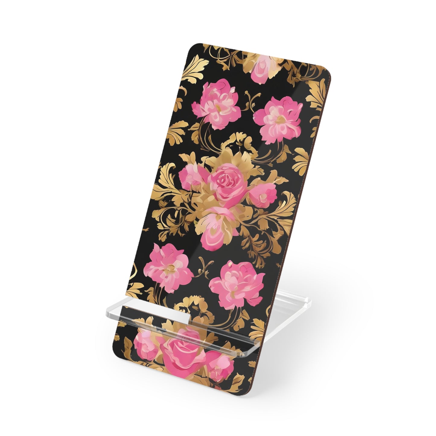 Elegant Floral Motif Smartphone Display Stand - Pink & Gold Roses - Decorative Mobile Holder