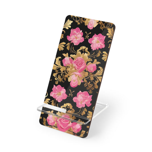 Elegant Floral Motif Smartphone Display Stand - Pink & Gold Roses - Decorative Mobile Holder