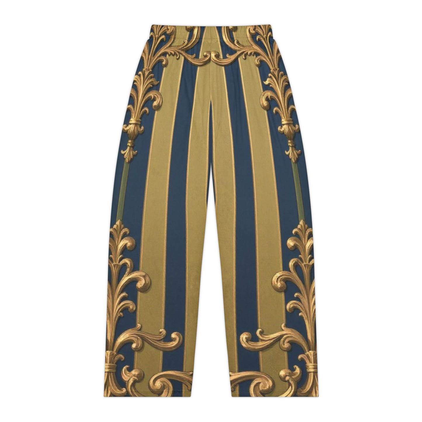 Elegant Midnight Blue & Olive Striped Gold Baroque Women's Pajama Pants | Luxurious Lounge Wear, Comfortable Sleepwear, Perfect Gift for Her