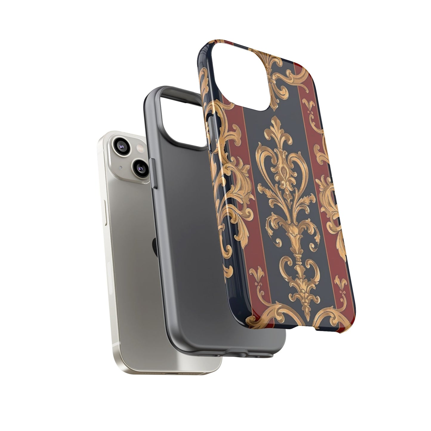 Elegant Floral Motif Phone Case - Tough Cases with Vintage Design - Midnight Blue & Dusk Red Striped Gold Damask