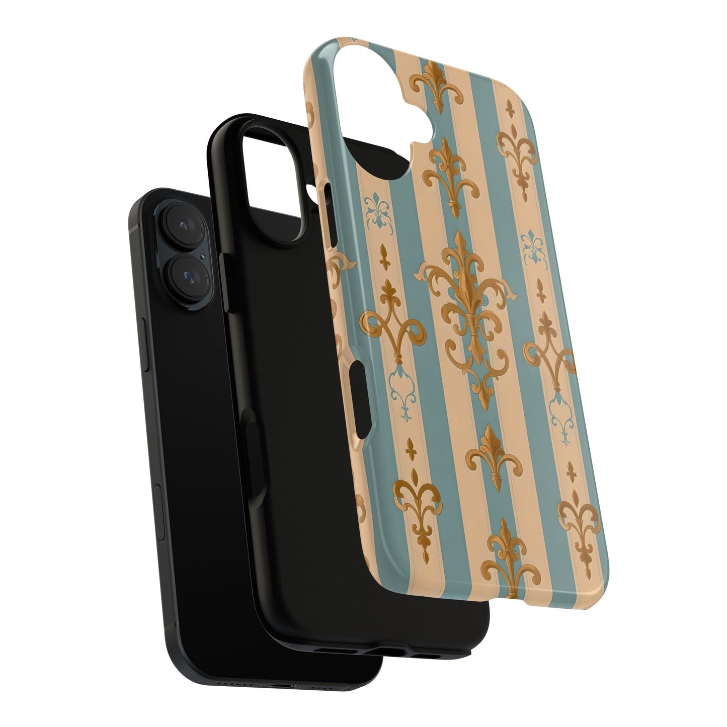 Elegant Floral Motif Phone Case - Tough Cases with Vintage Design -  Beige & Sky Blue Striped Gold Damask
