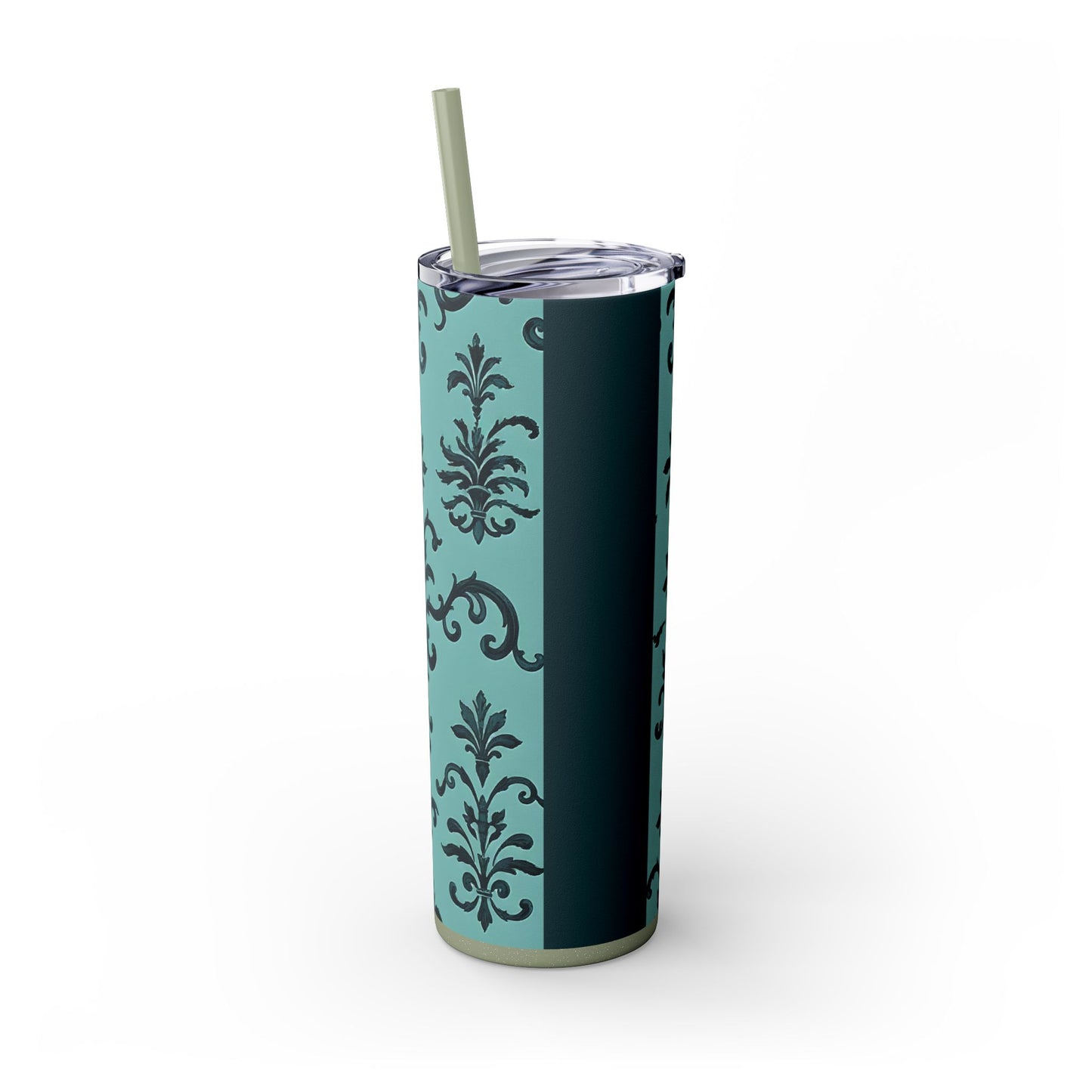 Elegant Floral Skinny Tumbler with Straw, 20oz, Personalized Drinkware, Stylish Travel Mug, Great Gift for Her - Teal Striped Rococo