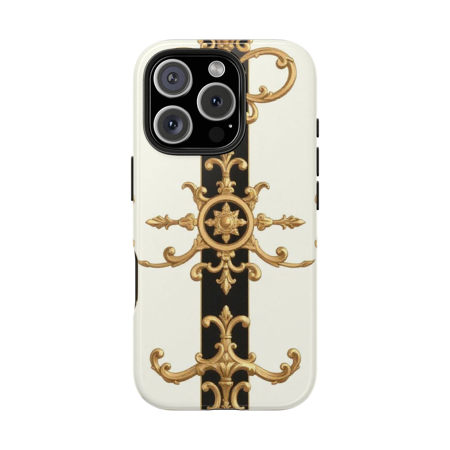 Elegant Baroque Tough Phone Case | Stylish Protection for Your Device, Gift for Her, Phone Accessories - Black & White Striped Gold Baroque