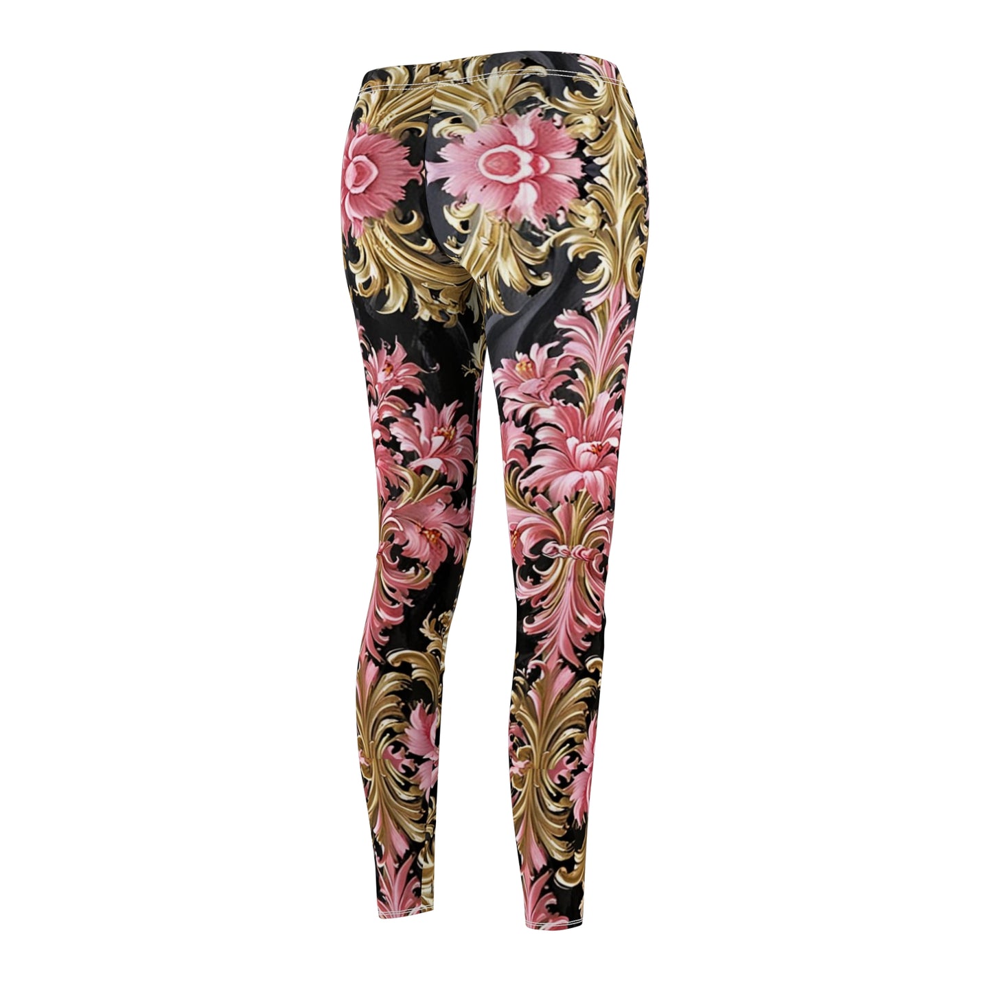 Floral Elegance Leggings - Stylish Printed Activewear, Casual Yoga Pants, Running Tights, Gift for Her - Black & Pink Oil Painting Style Rococo