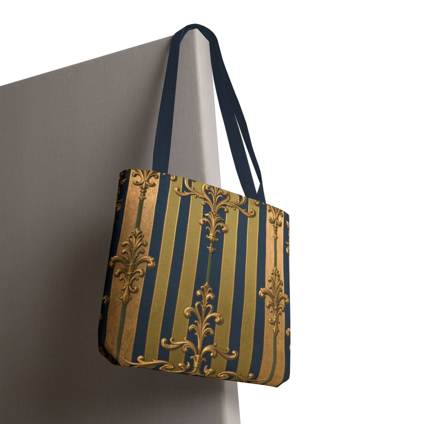 Elegant Midnight Blue & Olive Striped Gold Baroque Golden Striped Tote Bag, Stylish Shopping Bag, Trendy Handbag, Chic Gift for Her