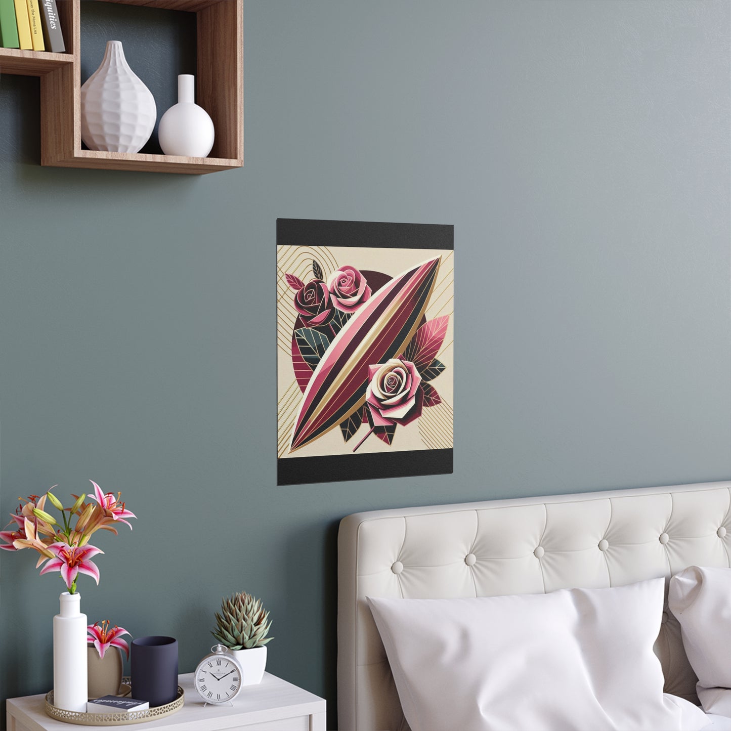 Elegant Floral Silk Poster - Indoor/Outdoor Wall Art for Home Decor - Pink & Burgundy Striped Surfboard & Roses